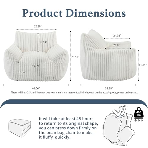 Giant Plush Bean Bag Chair for Adults with Armrests - Oversized Comfy Beige Beanbag Lounge Lazy Floor Sofa Accent Chair for Living Room, Bedroom & Dorm, Cozy Fluffy Single Cloud Mini Couch