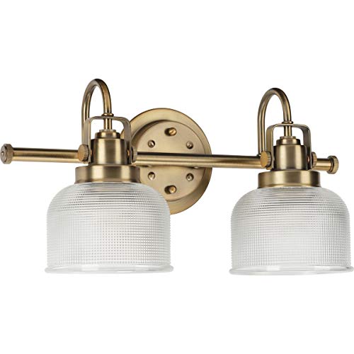 Archie Collection 2-Light Clear Double Prismatic Glass Coastal Bath Vanity Light Vintage Brass