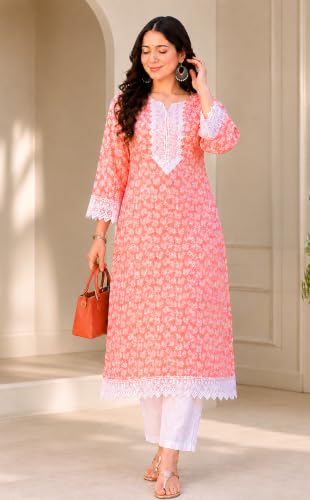 Image of Women's Cotton Floral Printed V-Neck A-Line Kurta /Regular Fit Kurti-3 /4 Sleeve