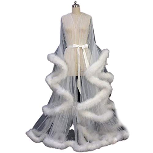 CAICAIL Robe De Queue À Manches Évasées Sexy en Plumes pour Femmes/Ensemble Pyjama Peignoir Transparent Feeling Exotique,Blanc Cover