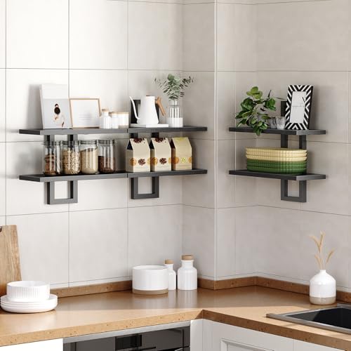 Image of HOOBRO Floating Shelves, 15 Inch Wall Shelf Set of 3, Wall Mounted Storage Shelves 2-Tier, Hanging Bathroom Shelves, for Living Room, Bedroom, Bathroom, Kitchen, Black BK32BJP301