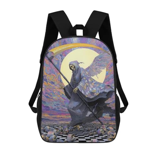 Grim Reaper Black And White Checkered Classic 17 Inch Backpack Travel Daypack Casual Shoulder Bag with Adjustable Strap for Men Women
