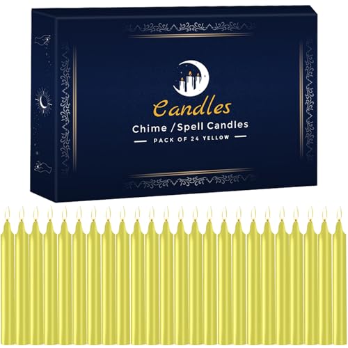 24 Pack Yellow Spell Chime Candles – Premium Mini Unscented Taper Candles for Rituals, Prayer, Meditation, Altar, Spells – 4" Tall – Ideal for Witches & Spiritual Practices