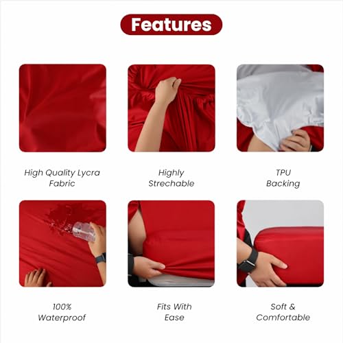 Image of Mattress Protector King Size, Lycra Waterproof Bed Protector King Size, 78x72x8 Inch, Breathable Noiseless Ultra Soft, Elastic Fitted Mattress Cover | Bed Cover (Red)