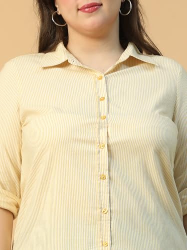 Image of Women Cotton Comfort: Plus Size Yellow Striped Shirt Out Door Dailywear Foram XL /2XL /3XL /4XL /5XL /6XL /7XL /8XL.
