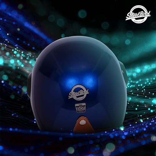 Image of Steelbird SBH 65 Retro 3.0 DOT and ISI Certified Open Face Helmet for Men and Women (X-Large 620 MM,Glossy Armada Blue with Red Peak)