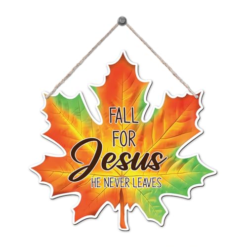 Christian Fall Decor, Fall for Jesus He Never Leaves Decor Sign Farmhouse Wreaths for Front Door Christian Jesus Hanger Sign, Home Wall Autumn Thanksgiving Decors, Maple Leaf Autumn Decors
