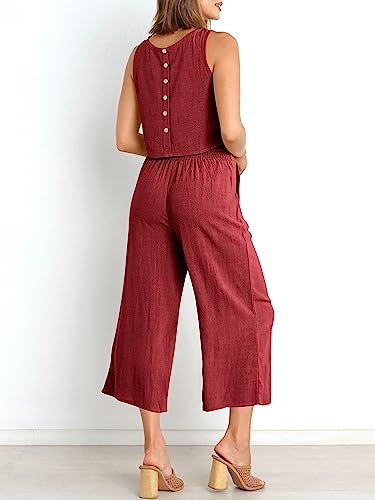 Image of ANRABESS Women's Summer 2 Piece Outfits Sleeveless Tank Crop Button Back Top Cropped Wide Leg Pants Set Pockets