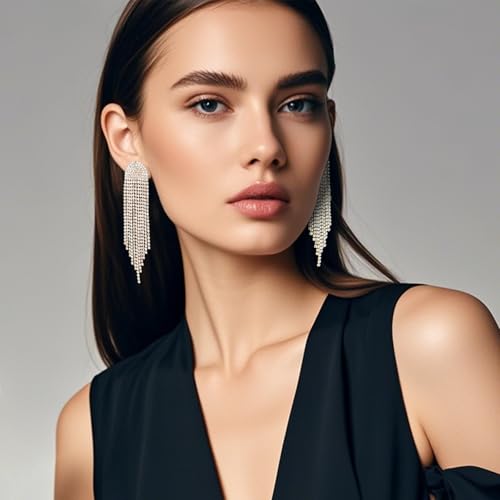 Rhinestone Dangling Earrings for Women Sparkly Dangle Earrings 14K Gold Plated Tassel Lightweight Ear Studs Crystal Statement 5