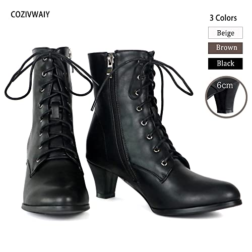 Cozivwaiy Women Vintage Victorian Boots 70s Lace up Ankle Boots Mid Heel Witch Granny Booties Costume Shoes Cone Heel Zipper Almond Toe3