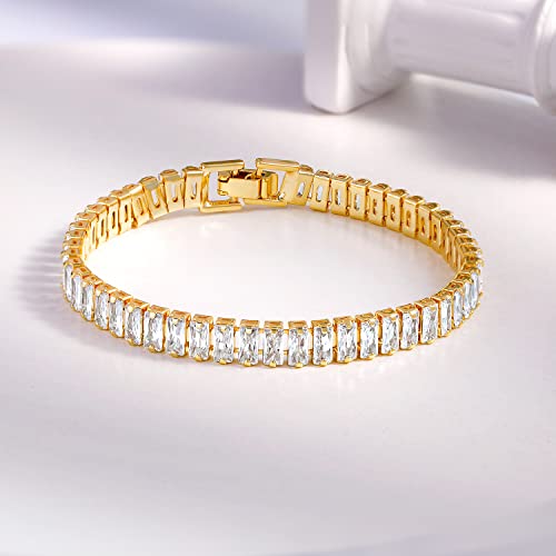 Mdfun Cubic Zirconia Tennis Bracelet,18K Yellow Gold Plated Crystals Tennis Chain For Women And Girl (Gold, 7.5 Inches) #TOP4