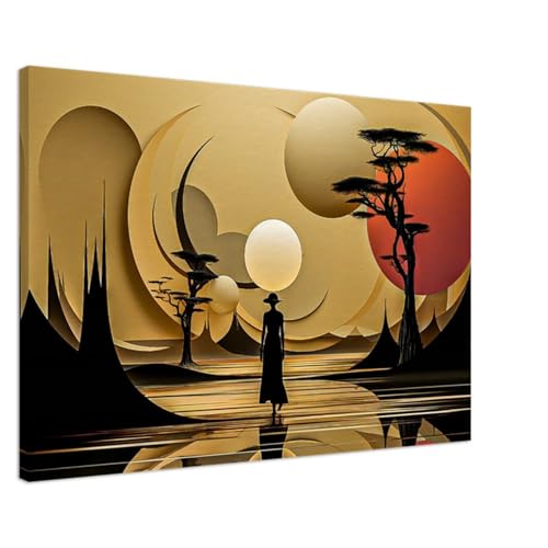Tableau paysage africain avec silhouettes dorées et cadre intérieur pour salon chic 50x70