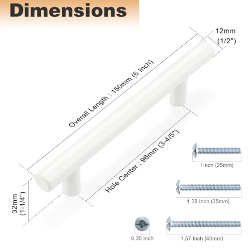 Image of Probrico 10 Pack| 3-3 /4 inch Hole Centers White Modern Kitchen Cabinet Pulls Drawer Handles Euro Round T Bar Pulls Stainless Steel Dresser Pulls Furniture Hardware-6 inch Overall Length