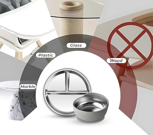 Image of NYALA Stainless Steel Toddler Plates Silicone Suction, Non-Slip Baby Plates BPA Free,Unbreakable Dishwasher Safe (Grey, Plate + Bowl)