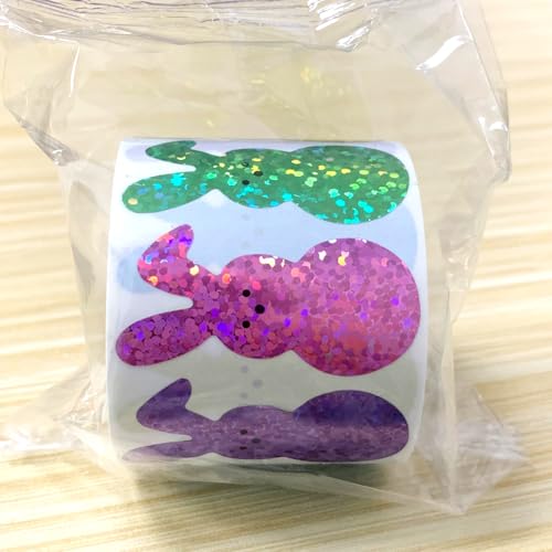 Image of 500Pcs Easter Bunny Stickers 1.5in Large Holographic Bling Sparkly Spring Happy Easter Bunny Stickers Roll 8 Colors Self-Adhesive Rabbit Sticker for Envelopes Scrapbook Decorations Supplies