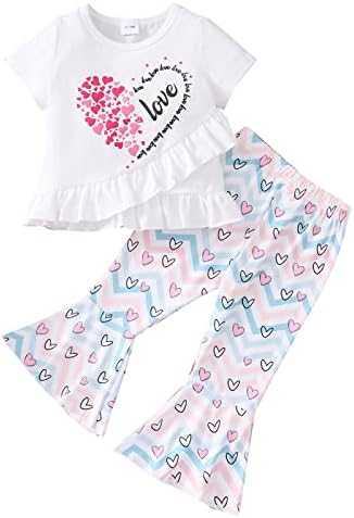 puseky Toddler Baby Girl Clothes 2T 3T Bell Bottoms Outfits Heart Print Short Sleeve Ruffle Shirt Flared Pants Girls Summer Outfits White