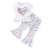 puseky Toddler Baby Girl Clothes 2T 3T Bell Bottoms Outfits Heart Print Short Sleeve Ruffle Shirt Fl