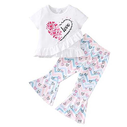 Puseky Toddler Baby Girl Clothes 2T 3T Bell Bottoms Outfits Heart Print Short Sleeve Ruffle Shirt Flared Pants Girls Summer Outfits White #TOP9
