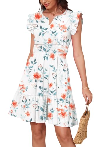 Image of Jayscreate Women's Ruffle Sleeve Layered Dress Pockets Elastic Waist 2025 V Neck Above Knee Summer Casual Cute Dress