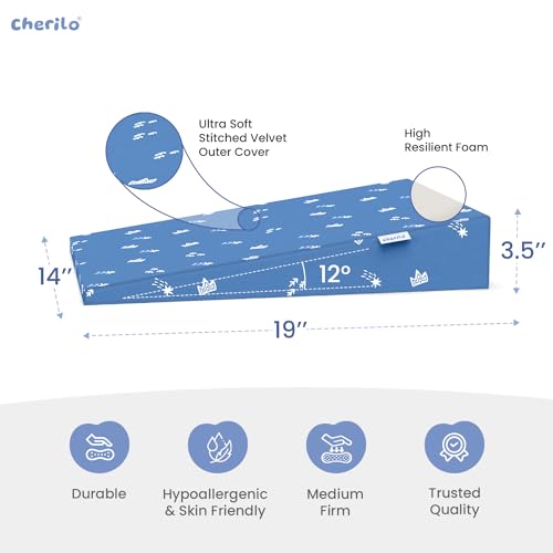 Image of Cherilo Standard Elevated Wedge Baby Pillows for New Born, Pillow for Kids, Crib & Mattress, Prevents Acid Reflux, Colic, GERD, Heat Burn & Vomiting, 14 inch x 19 inch x 3.5 inch, with Cover, Star Design, Blue