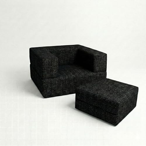 Image of C-Type Sofa Bed 3x6 Ft with Pouffe - Jute Fabric Convertible Floor Sofa Cum Bed with Wide Arm Support for Living Room & Guest Room - Black Color