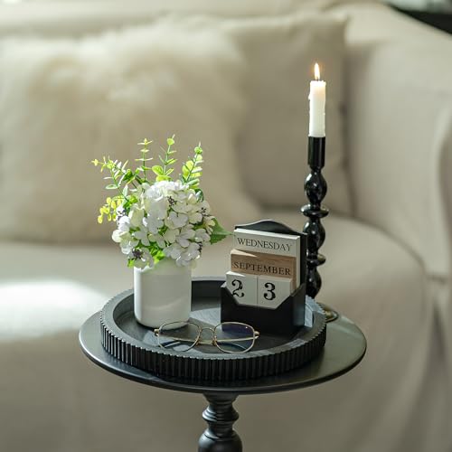 Hanobe Deko Wohnizimmer Tischdeko Tablett: Rund Vintage Dekotablett Holz Schwarz - Klein Holztablett Landhaus Tischtablett für Kaffee Tisch