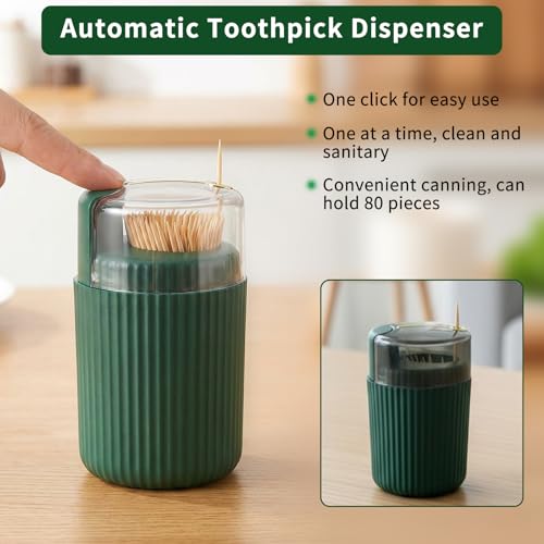 Tydlig Pop-Up Automatic Toothpick Dispenser — Luxury Push-Button Portable Toothpick Holder, Pop-Out Toothpick Jar for Home & Outdoor Use, Compact Tabletop Dispenser (Dark Green)
