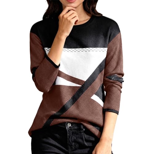 Image of Women's Sweatshirt Warm Elegant Printed Crew Neck Comfortable Pullover Long Sleeve Knitted, coffee, S