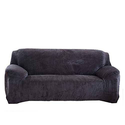 Solid Color Plush Thicken Elastic Sofa Cover Universal Sectional Slipcover 2/3/4 Seater Stretch Couch Cover (Dark Grey, Three Seats)