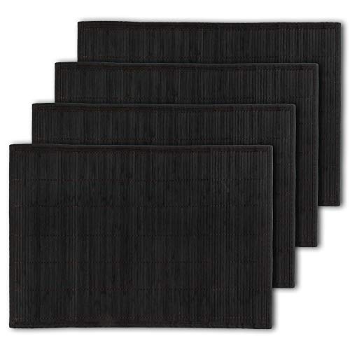 BambooMN Bamboo Slats Placemat with Fabric Border - Solid Color Print - 18" x 13" - Black, 4 pcs