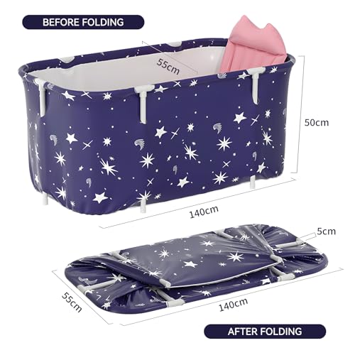 Warmiehomy 140x50X55CM Portable Foldable Bathtub for Adult, Large Soaking Bathtub with Cushion and Backrest, Hot Bath Ice Bath SPA Tub for Shower, Freestanding Bath tub for Adults Kids, Starry Blue