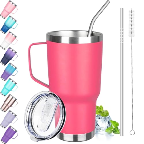Image of 30 oz Tumbler with Handle, Stainless Steel Insulated Tumbler with Lid and Straw, Double Wall Vacuum Coffee Mug Tumbler, Insulated Coffee Thermal Cup for Cold and Hot (Peach Pink)