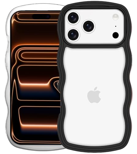 Image of GoldKart iPhone 17 Pro Max Case Wavy Edge Clear Back Design, Anti-Slip Grip Cute Wave Curly Frame Shape Shockproof Soft TPU & Hard PC Bumper Protective Phone Case Cover for Women Girls - Black