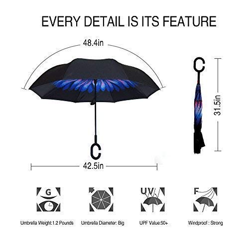 MRTLLOA Double Layer Inverted Umbrella with C-Shaped Handle, Anti-UV Waterproof Windproof Straight Umbrella for Car Rain Outdoor Use(Blue flowers) - Thumbnail 6