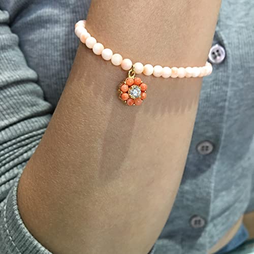 Ltc Designs 4Mm Genuine Angel-Skin Coral (From Taiwan) Stretch Bracelet With A Oral Floral Charm, 6.5" #TOP5