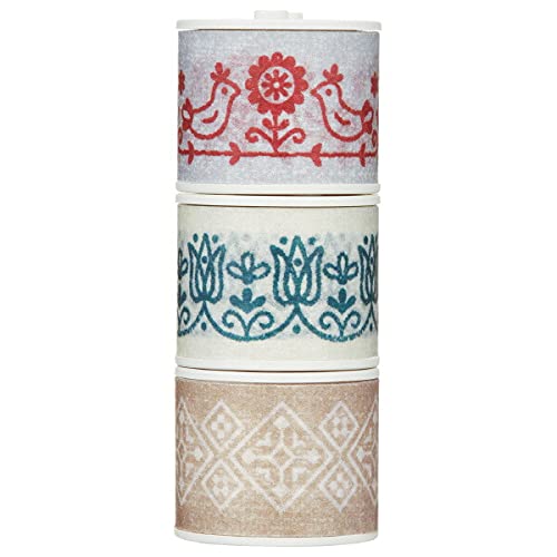 KOKUYO Bobbin Washi Tape Set, 3 Pack, Mini Masking Tape, Embroidery Pattern, 0.6" Wide, 9.8ft Long, Space-Saving Design, for Journals, Planners, DIY Crafts, Japan Import (T-B1115-9-3S)