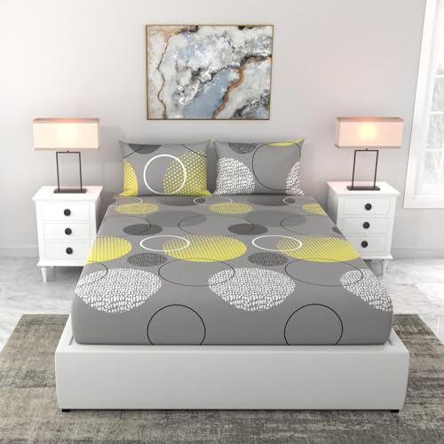 LORETO - A QUALITY LINEN BRAND 100% Cotton King Size Bedsheet with 2 Pillow Covers - Grey & Lemon Yellow, Soft & Breathable 144 TC Fabric, Perfect for King Beds
