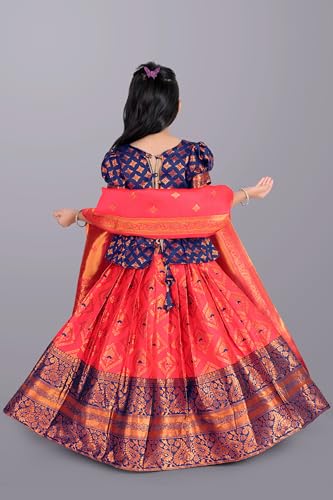Image of Girls Pattu Pavadai Ready to Wear Lehenga, Blouse & Dupatta Set - Heavy Jacquard Fabric, Fully Stitched