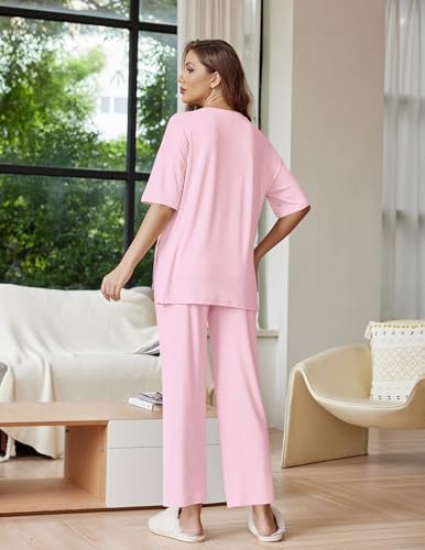 Image of Ekouaer Lounge Sets for Women Short Sleeve Tops and Long Pants Soft Comfy Pajamas Set 2 Piece Outfits