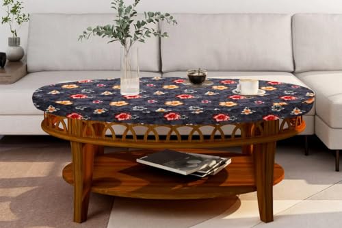 Image of The Furnishing Tree Elastic Oval Center Table Cover WxL 12x24 in Inches Polyester Floral Pattern Grey