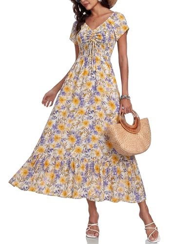 Image of Summer Smocked Boho Maxi Dress for Women 2026 Short Sleeve Floral Smocked Flowy Ruffled Beach Vacation Dresses Lightweight