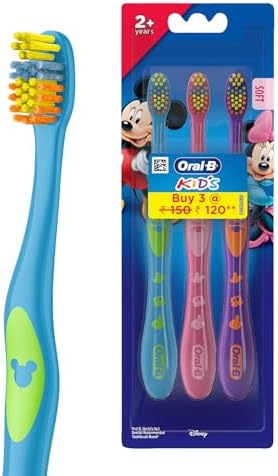Oral-B Mickey Soft Manual Toothbrush For Kids, Age 2 + years, Soft Bristles For Gentle Clean, Easy to Hold Handle, Multicolour Kids Tooth Brush Set, Oral B Dentist Recommended Brand (Pack of 3)