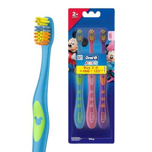 Oral-B Mickey Soft Manual Toothbrush For Kids, Age 2 + years, Soft Bristles For Gentle Clean, Easy to Hold Handle, Multicolour Kids Tooth Brush Set, Oral B Dentist Recommended Brand (Pack of 3)