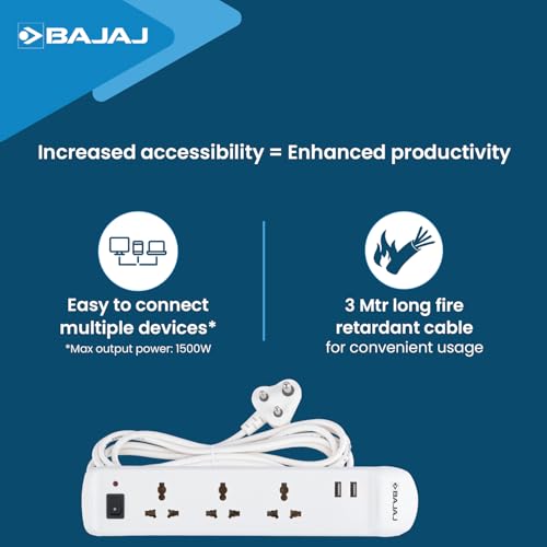 Image of Bajaj 3 Way Spike and Surge Guard with 2 USB | 3 Meter Long Cable | 3-Pin Universal Sockets | Fire Retardant Cable | 6 Months - Warranty (Pack of 1, White)