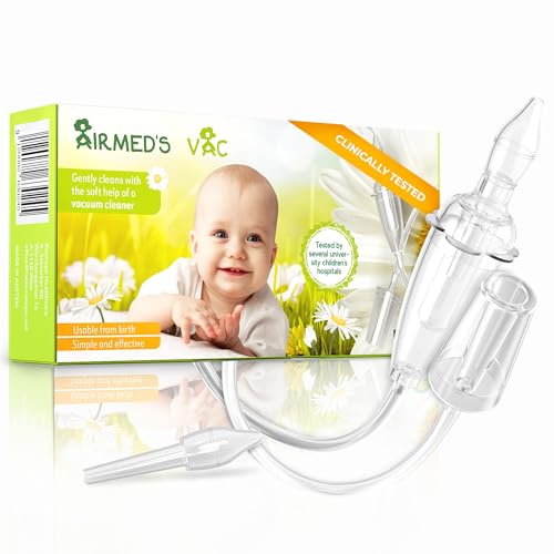 Image of Airmed's Vac Nasal Aspirator Baby. CLINICALLY Tested, Safe and Gentle. Baby Nose Sucker with 2 Suction Heads and Cleaning Brush. Safe and Gentle Baby Nasal Aspirator with Strength of a Vacuum Cleaner