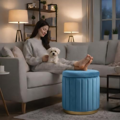 Image of Round Strip Stool with Cushion Foot Rest Office Stool Pouf Ottoman Padded Seat in Living Room (Sky Blue)