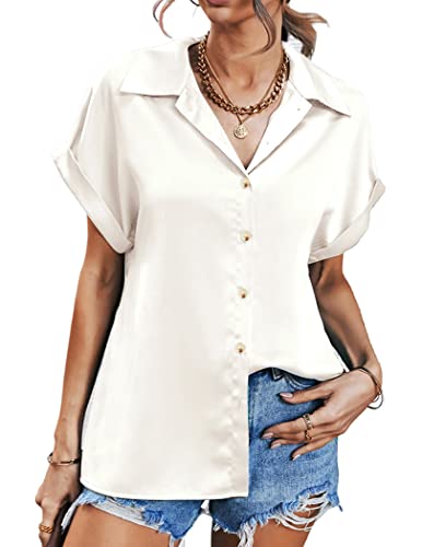 Hotouch Satin Blouses For Women Button Down Silky Shirts Lapel Collar Short Sleeve Casual Office Tops White L #TOP11