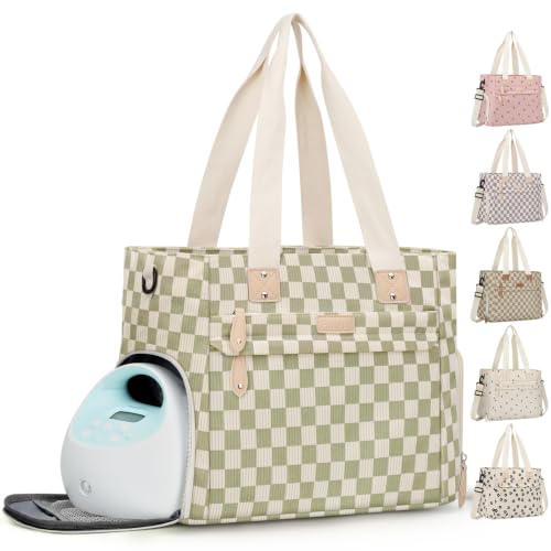 Image of Pritent Diaper Bag Tote for Working Mom, Large Travel Diaper Tote for Mom and Dad with 14 Inch Laptop Sleeve, Mommy Maternity Travel Baby Bag for Boys and Girls, Checkered Green