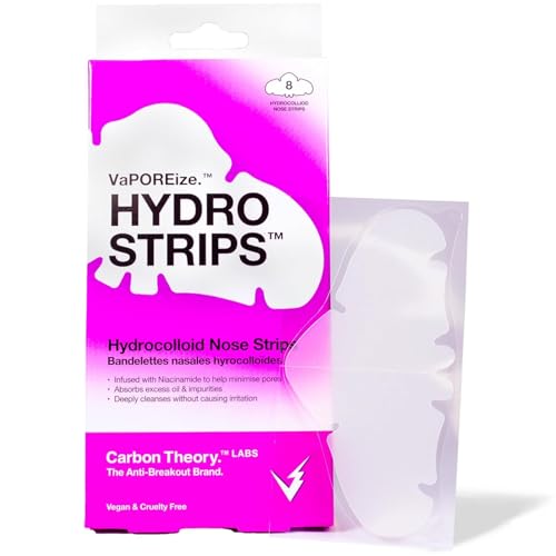 Carbon Theory VaPOREize - Tiras de poros nasales con niacinamida, 8 tiras hidrocoloides para la nariz, parches para el acné, minimizador de poros y removedor de puntos negros, tratamiento vegano para