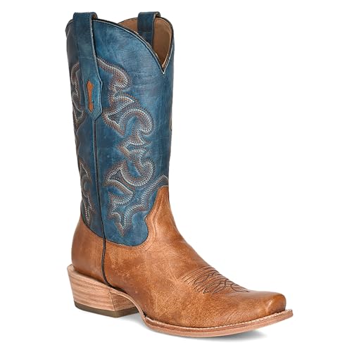 CORRAL MEN'S SAND/NAVY BLUE EMBROIDERY HORSEMAN TOE, LEATHER WITH RUBBER INSERT SOLE, WESTERN A43782